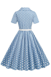 Hepburn Stil V Ausschnitt Blau Polka Dots 1950er Jahre Kleid
